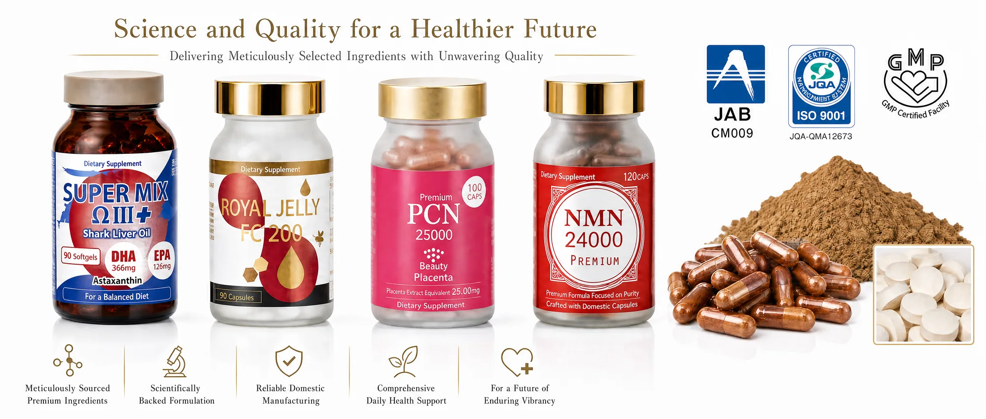 Neoi dietary supplements — Omega III shark liver oil, Royal Jelly, PCN placenta and NMN 24000 — with JAB, ISO 9001 and GMP certifications
