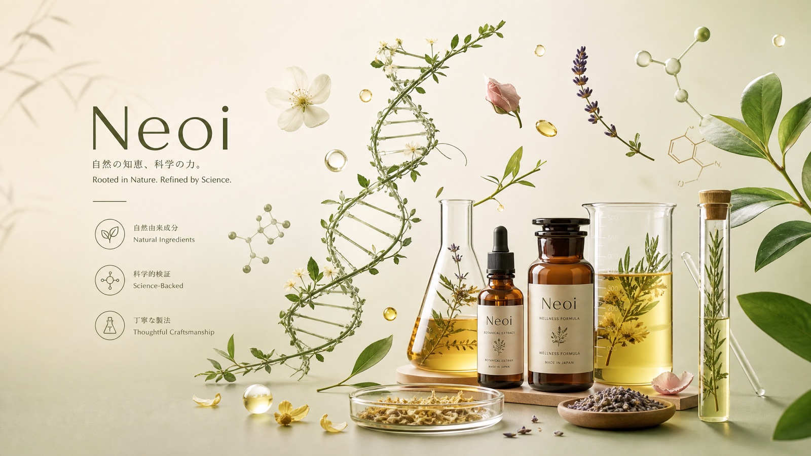 Neoi botanical extract and wellness formula bottles surrounded by lavender, rosemary and herbs, with a botanical DNA helix and molecular models — Rooted in Nature, Refined by Science