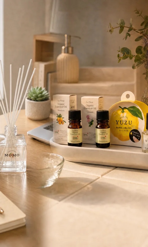 Huiles essentielles bio Neoi La Fleur, diffuseur à bâtonnets MOMO et huile à ongles YUZU sur un bureau ensoleillé