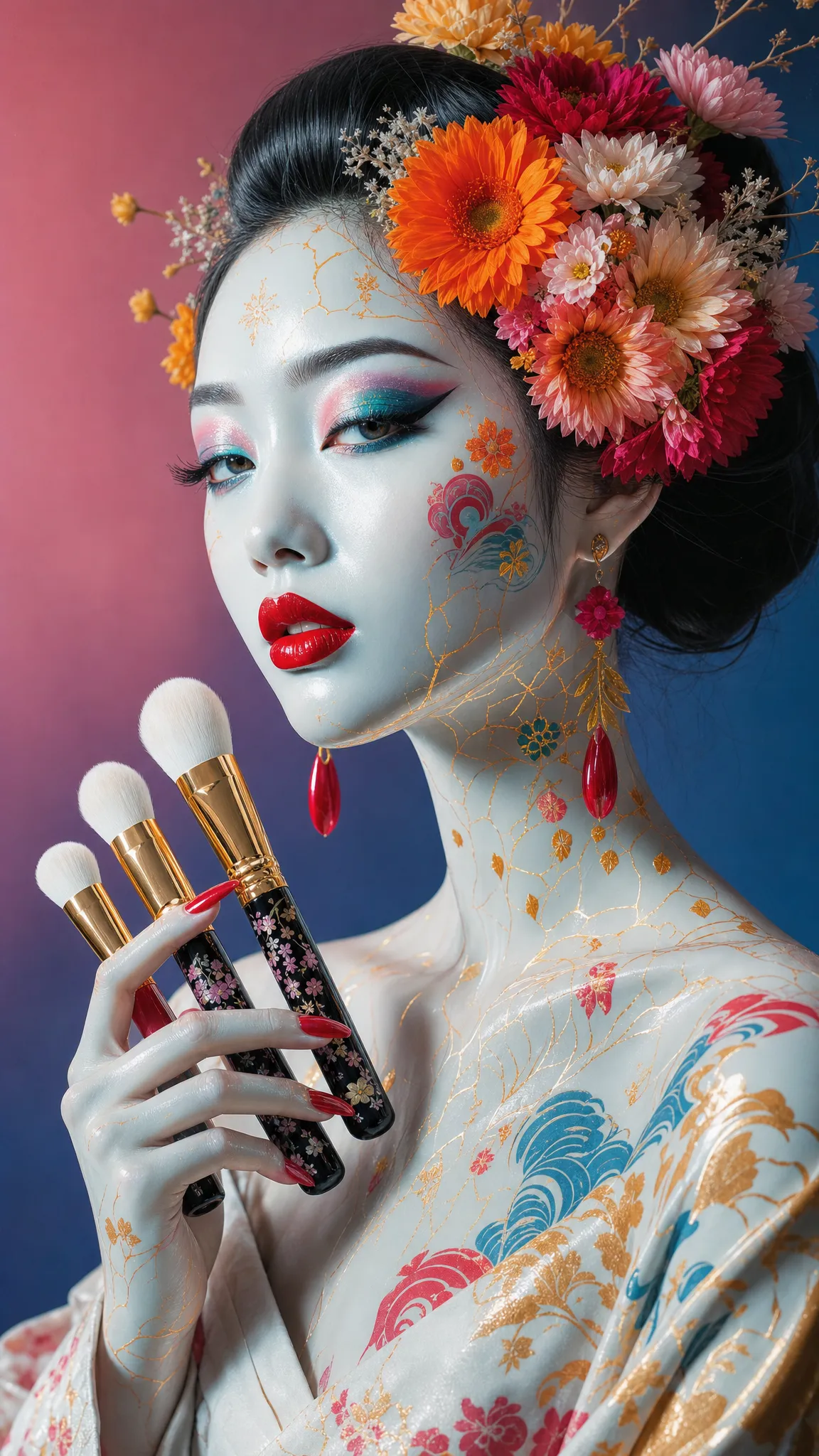 Portrait d'inspiration geisha japonaise avec art corporel kintsugi doré tenant un ensemble de pinceaux de maquillage artisanaux
