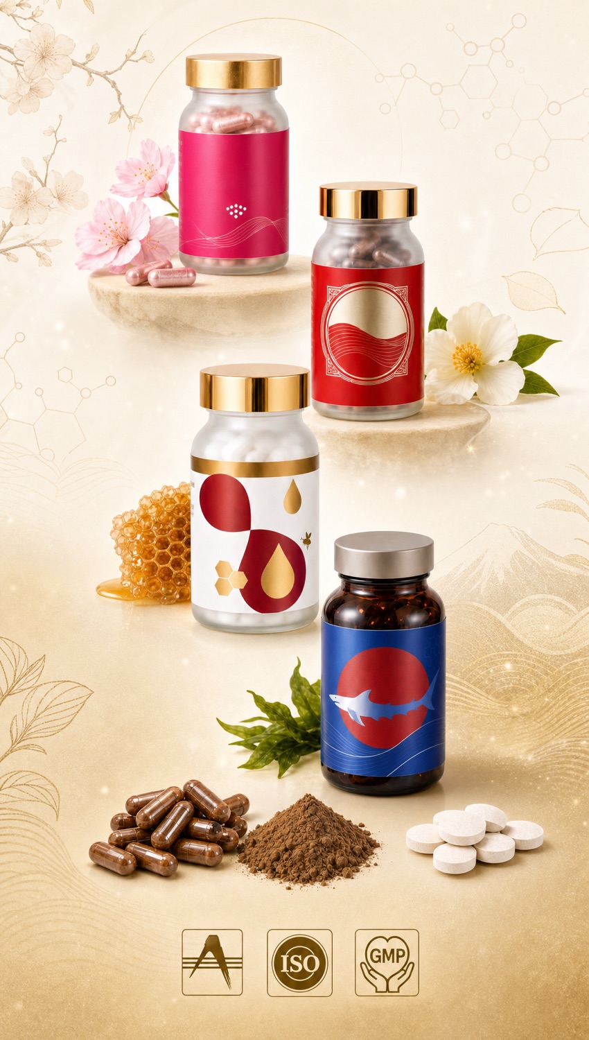 Flacons de compléments premium Neoi — placenta, gelée royale, NMN et oméga — sur un fond doré japonais avec fleurs de cerisier, rayon de miel et certifications ISO & GMP